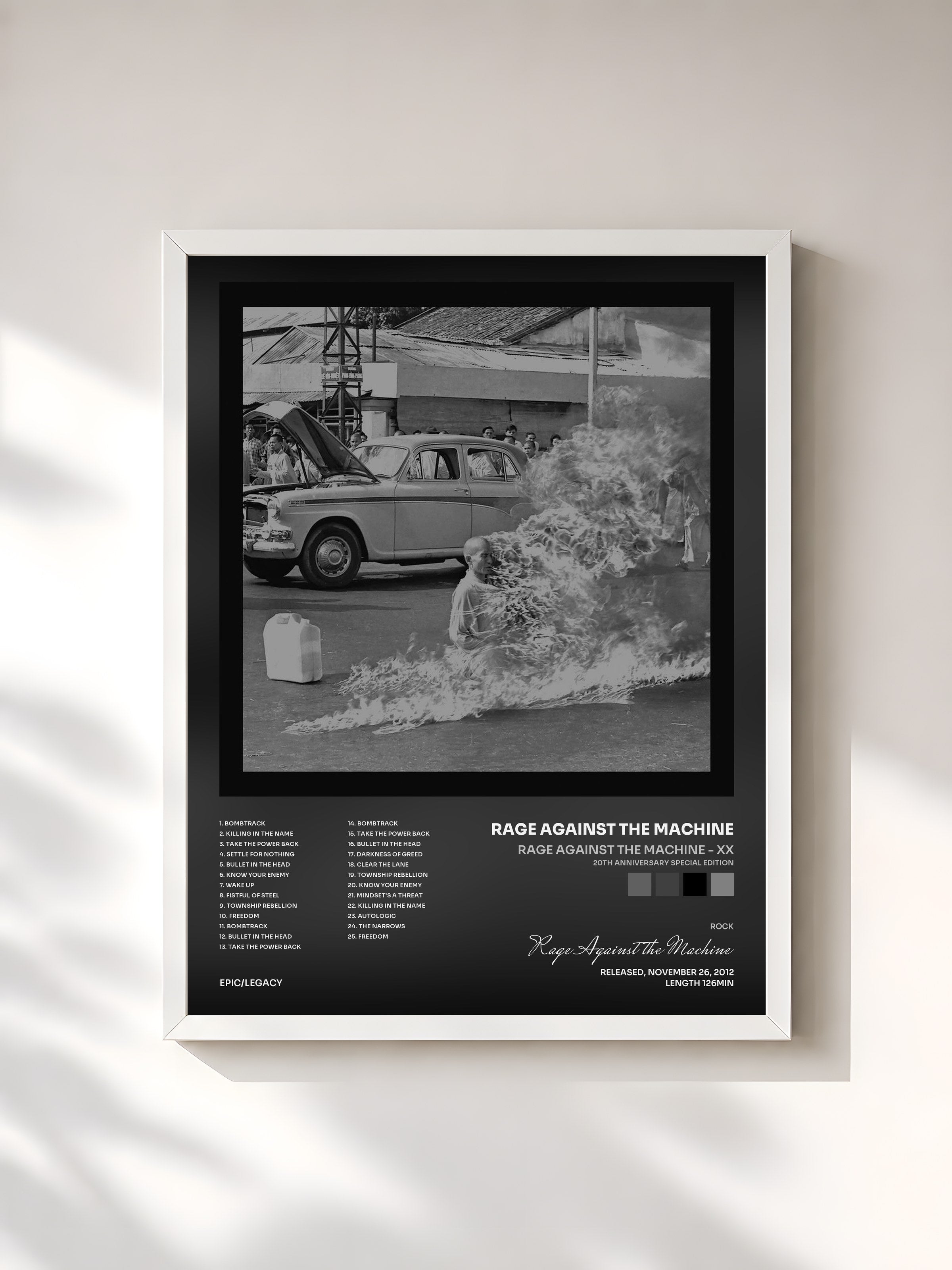 #blanc Tableau de l'album Rage Against The Machine - XX (20th Anniversary Special Edition) de Rage Against the Machine, cadre blanc, imprimé et encadré en France