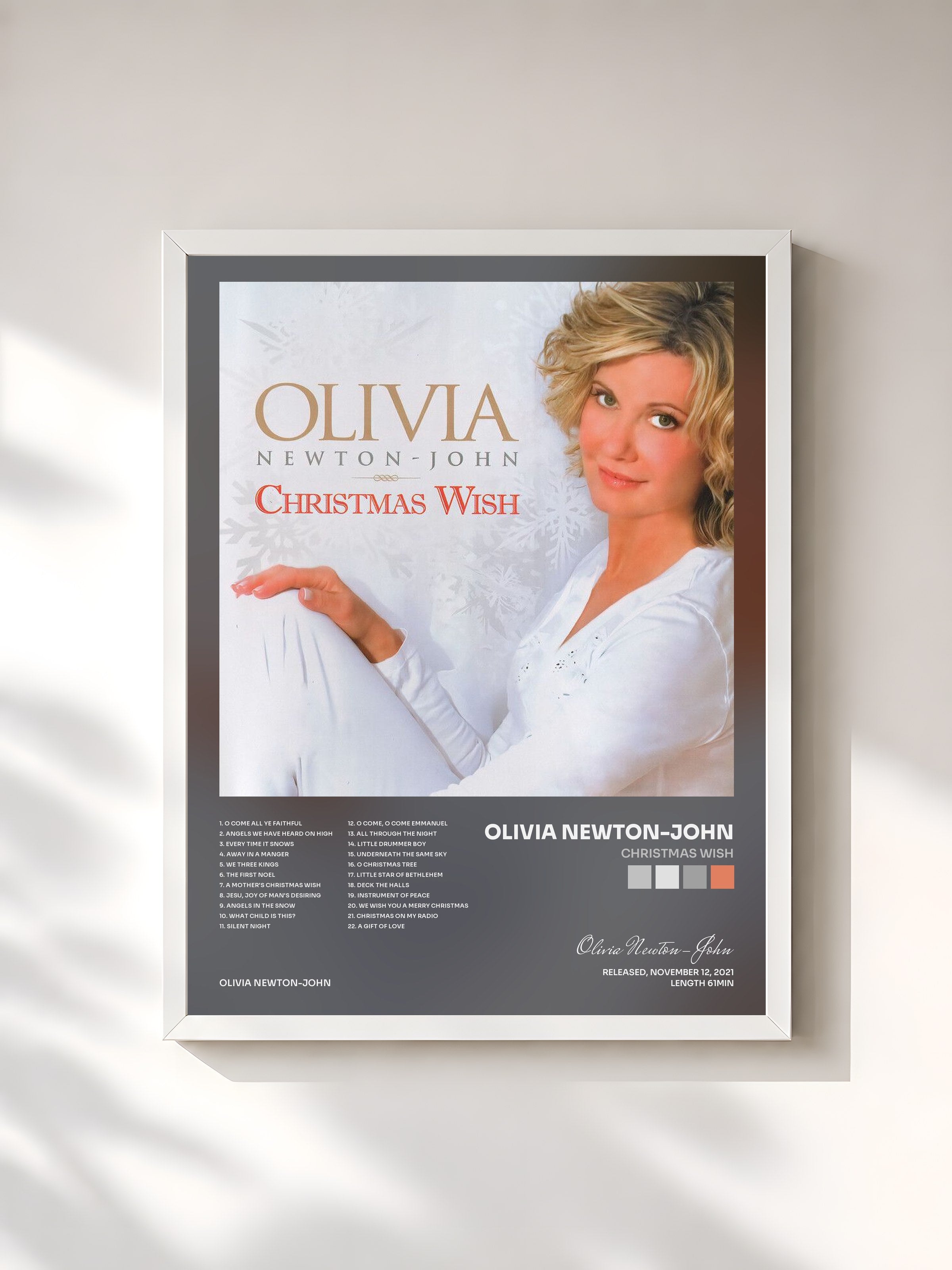#blanc Tableau de l'album Christmas Wish de Olivia Newton-John, cadre blanc, imprimé et encadré en France