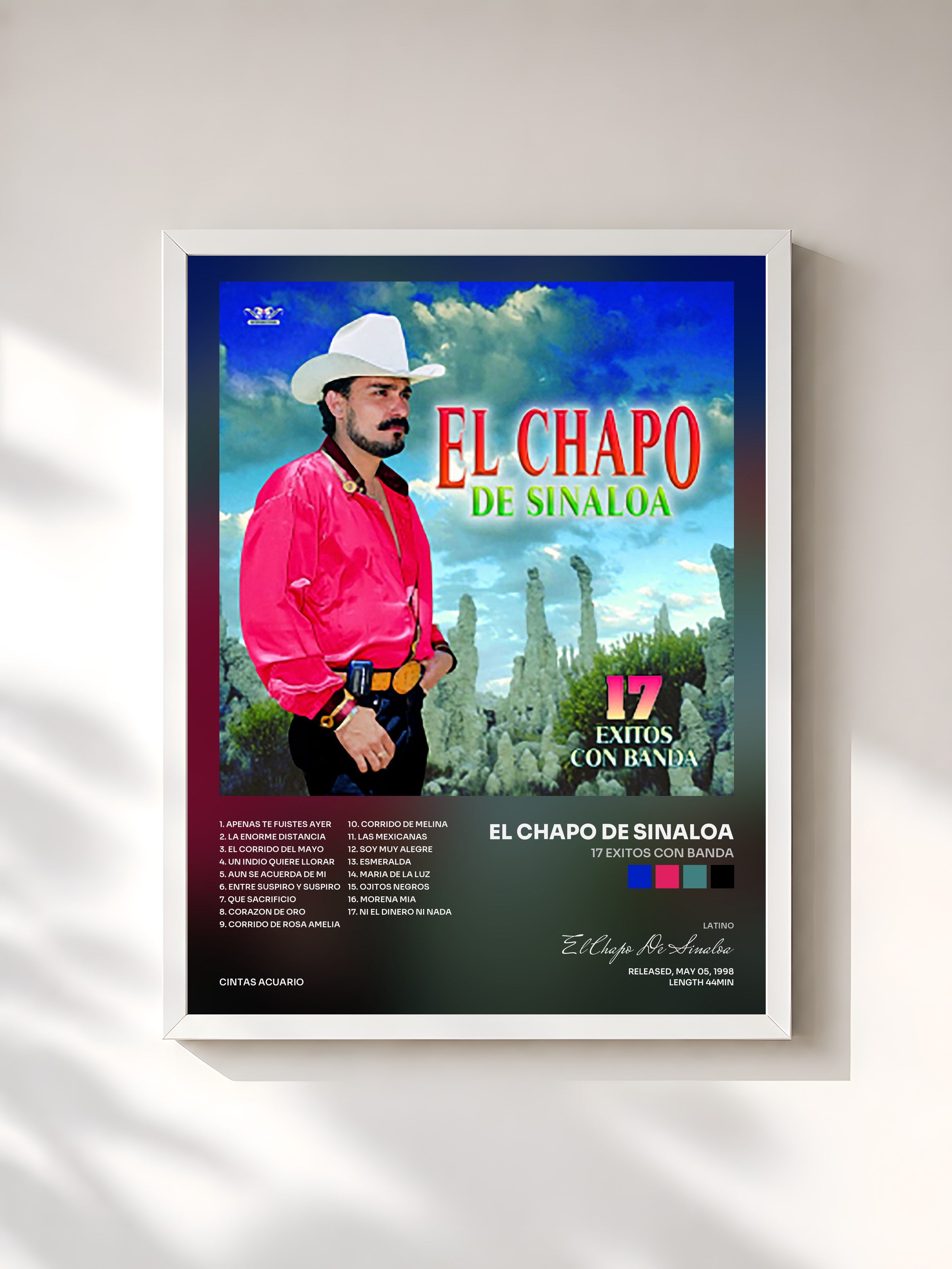 #blanc Tableau de l'album 17 Exitos Con Banda de El Chapo De Sinaloa, cadre blanc, imprimé et encadré en France