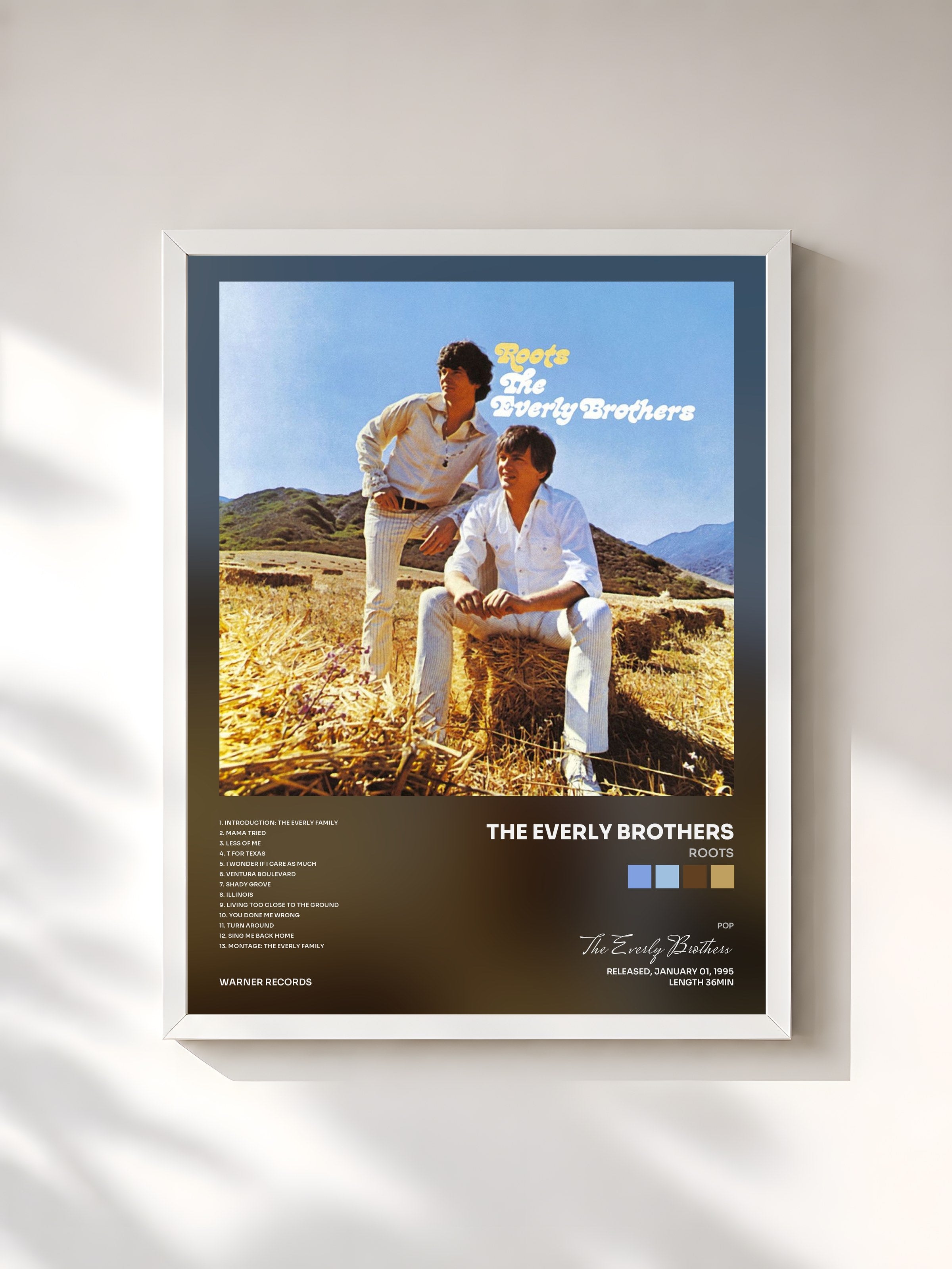 #blanc Tableau de l'album Roots de The Everly Brothers, cadre blanc, imprimé et encadré en France