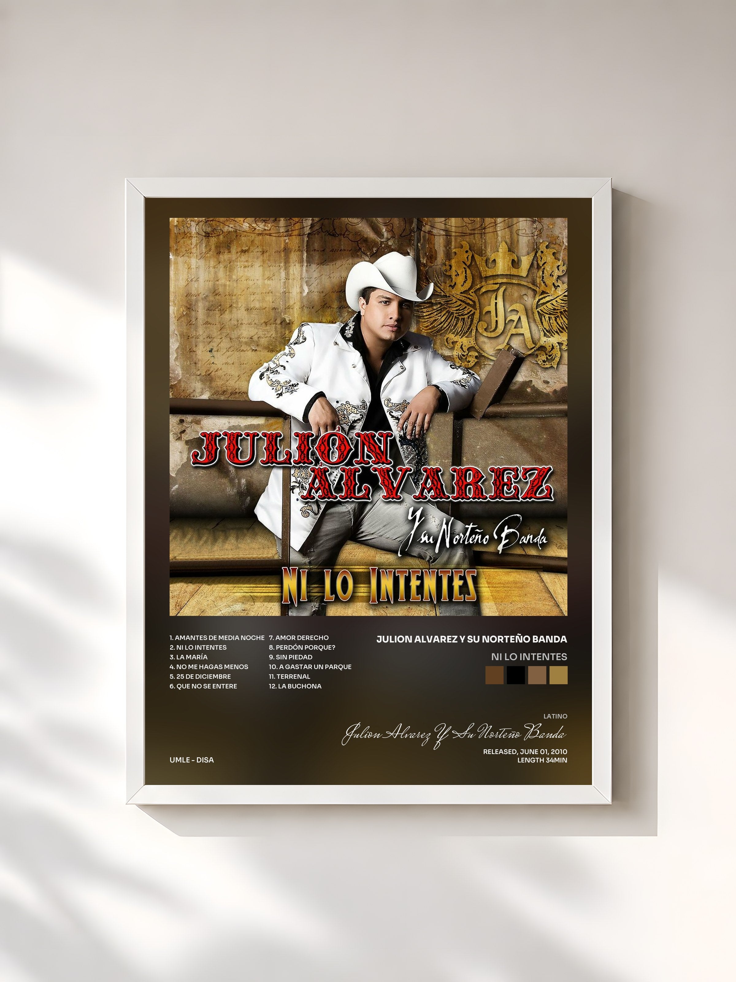 #blanc Tableau de l'album Ni Lo Intentes de Julion Alvarez Y Su Norteño Banda, cadre blanc, imprimé et encadré en France