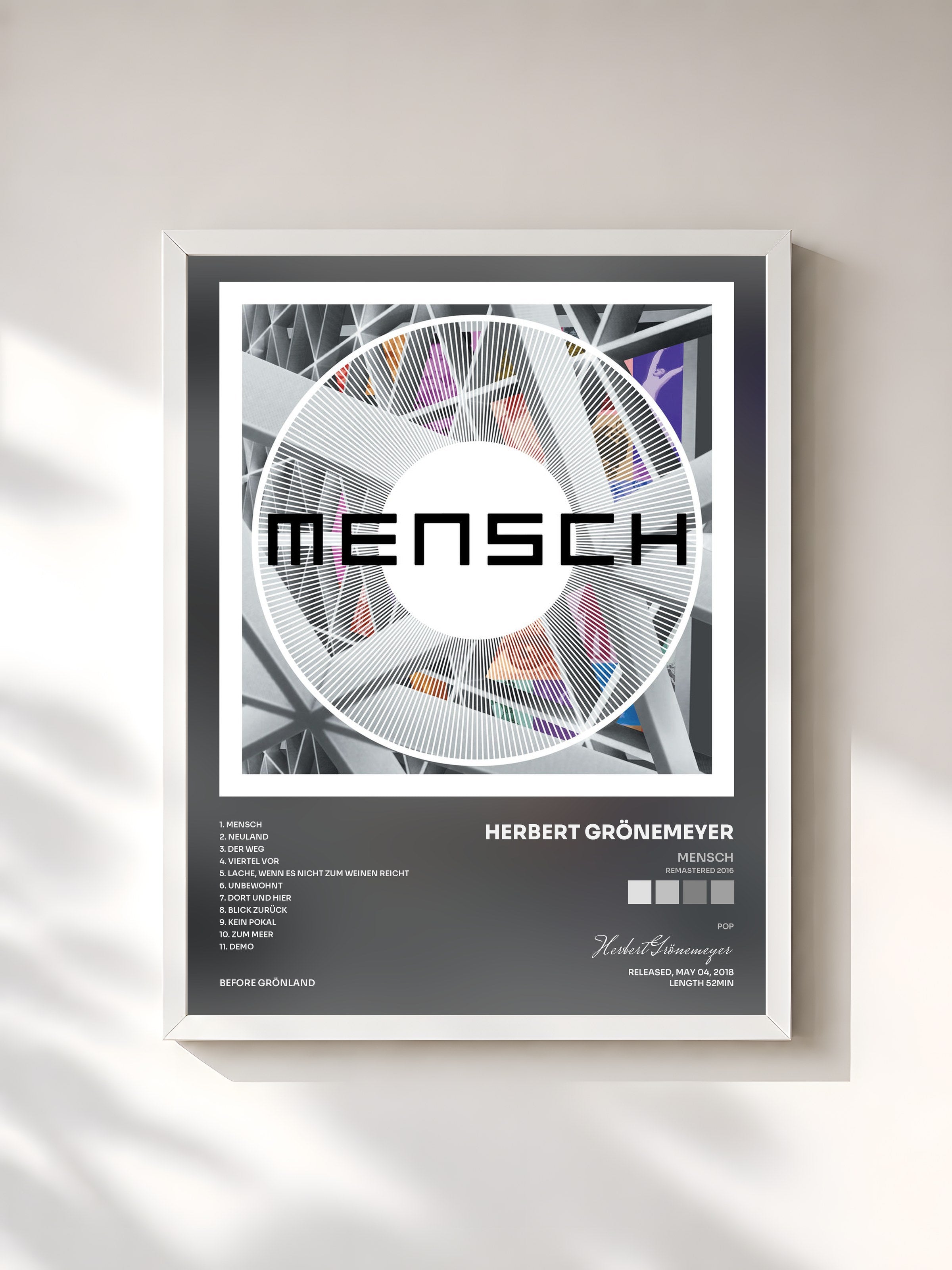 #blanc Tableau de l'album Mensch (Remastered 2016) de Herbert Grönemeyer, cadre blanc, imprimé et encadré en France