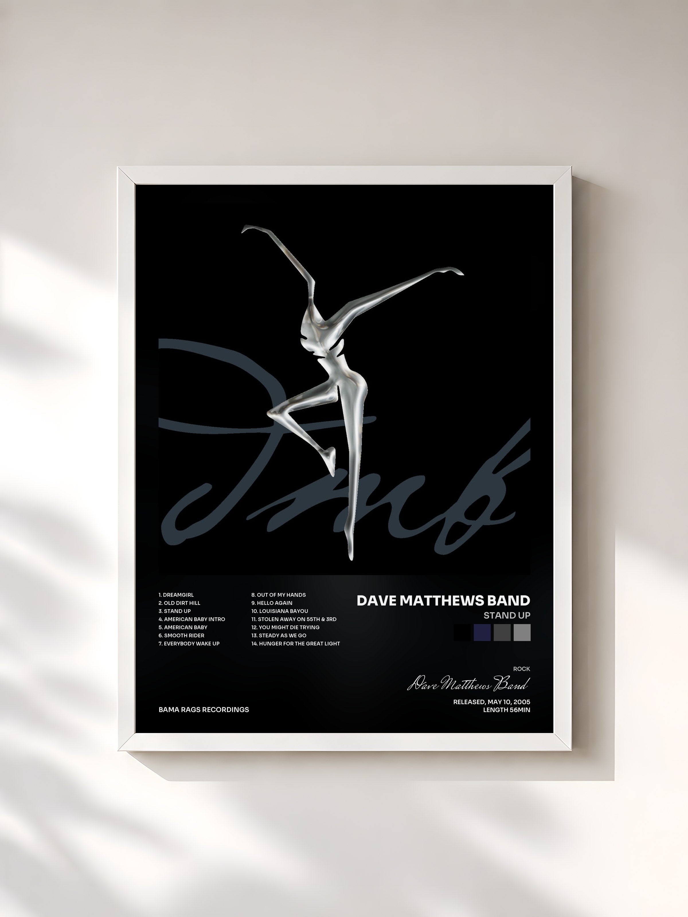 #blanc Tableau de l'album Stand Up de Dave Matthews Band, cadre blanc, imprimé et encadré en France