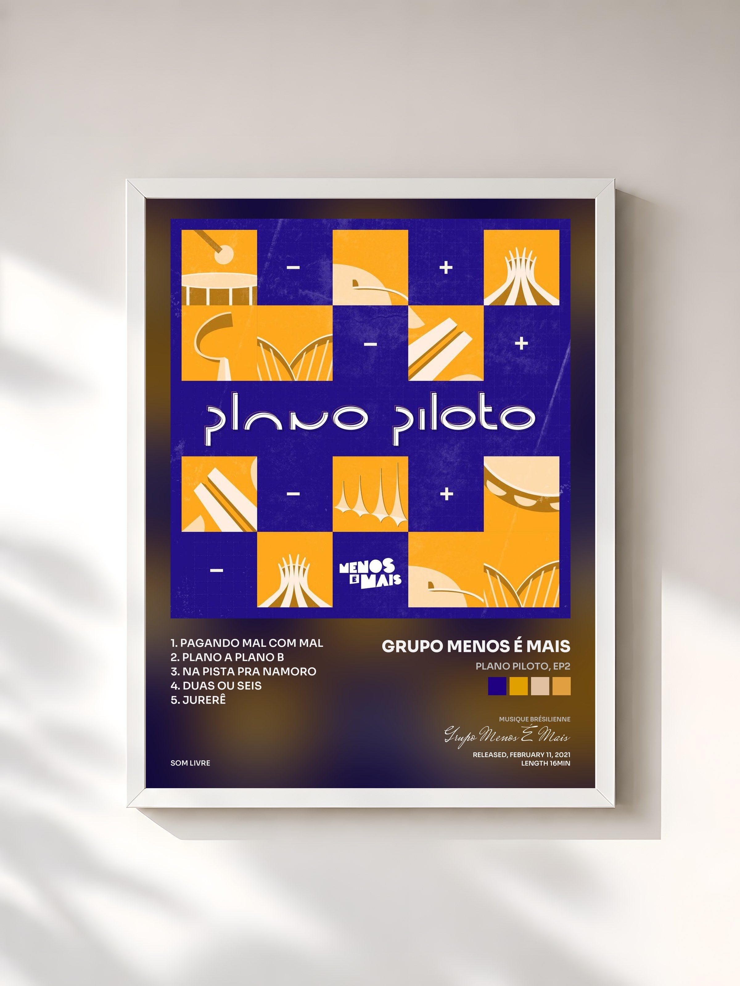 #blanc Tableau de l'album Plano Piloto, EP2 de Grupo Menos É Mais, cadre blanc, imprimé et encadré en France