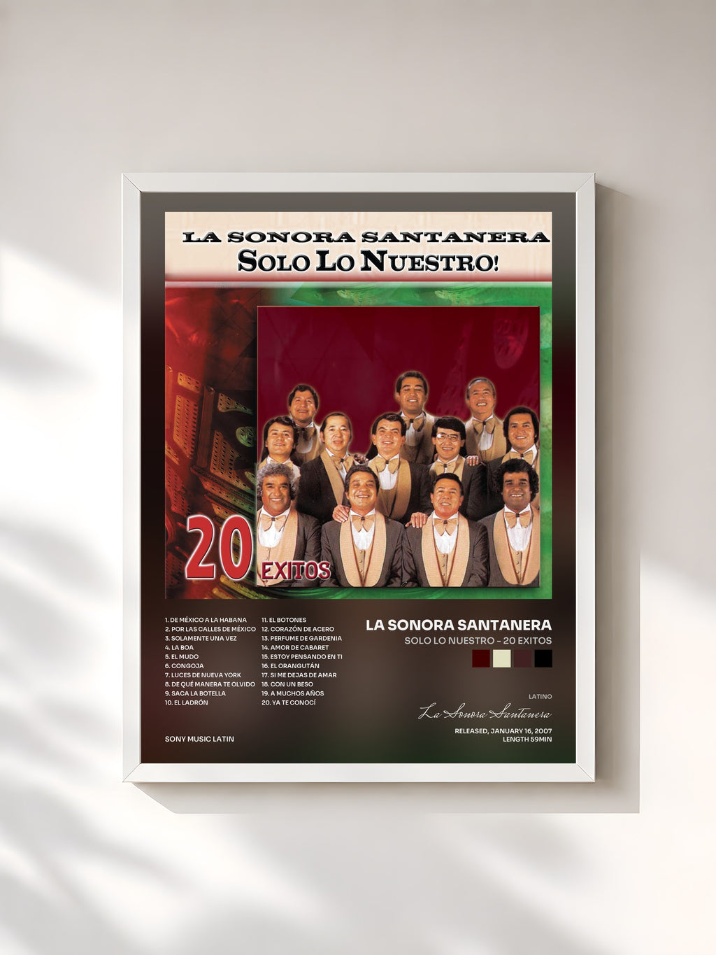 #blanc Solo Lo Nuestro - 20 Exitos by La Sonora Santanera as a framed art print, white frame, printed and framed in France