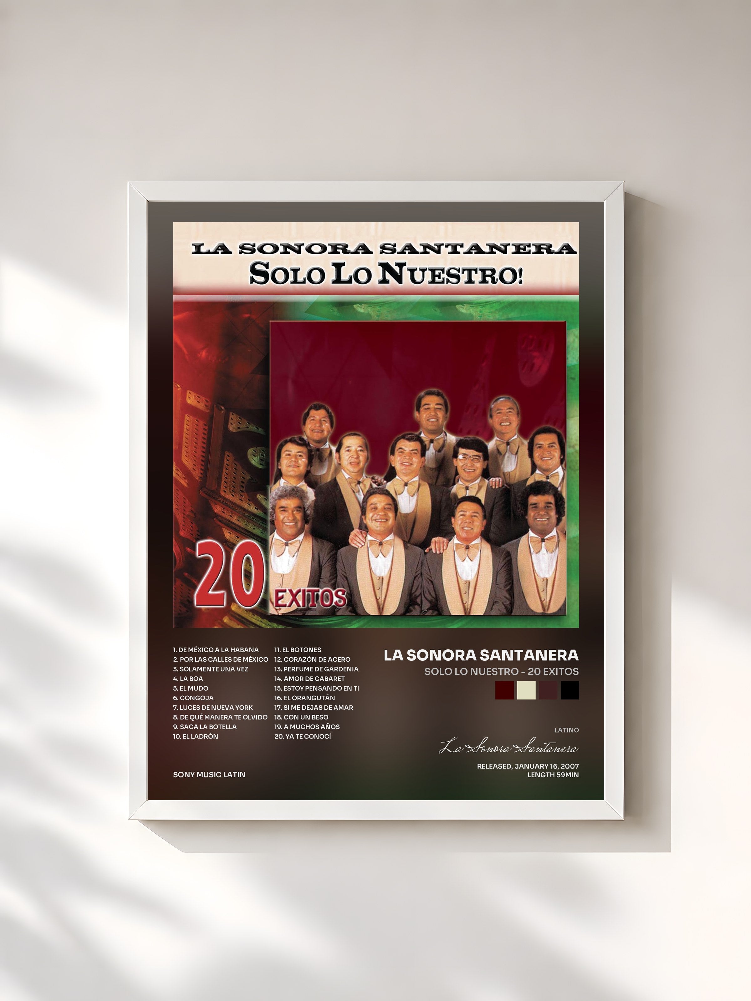 #blanc Tableau de l'album Solo Lo Nuestro - 20 Exitos de La Sonora Santanera, cadre blanc, imprimé et encadré en France