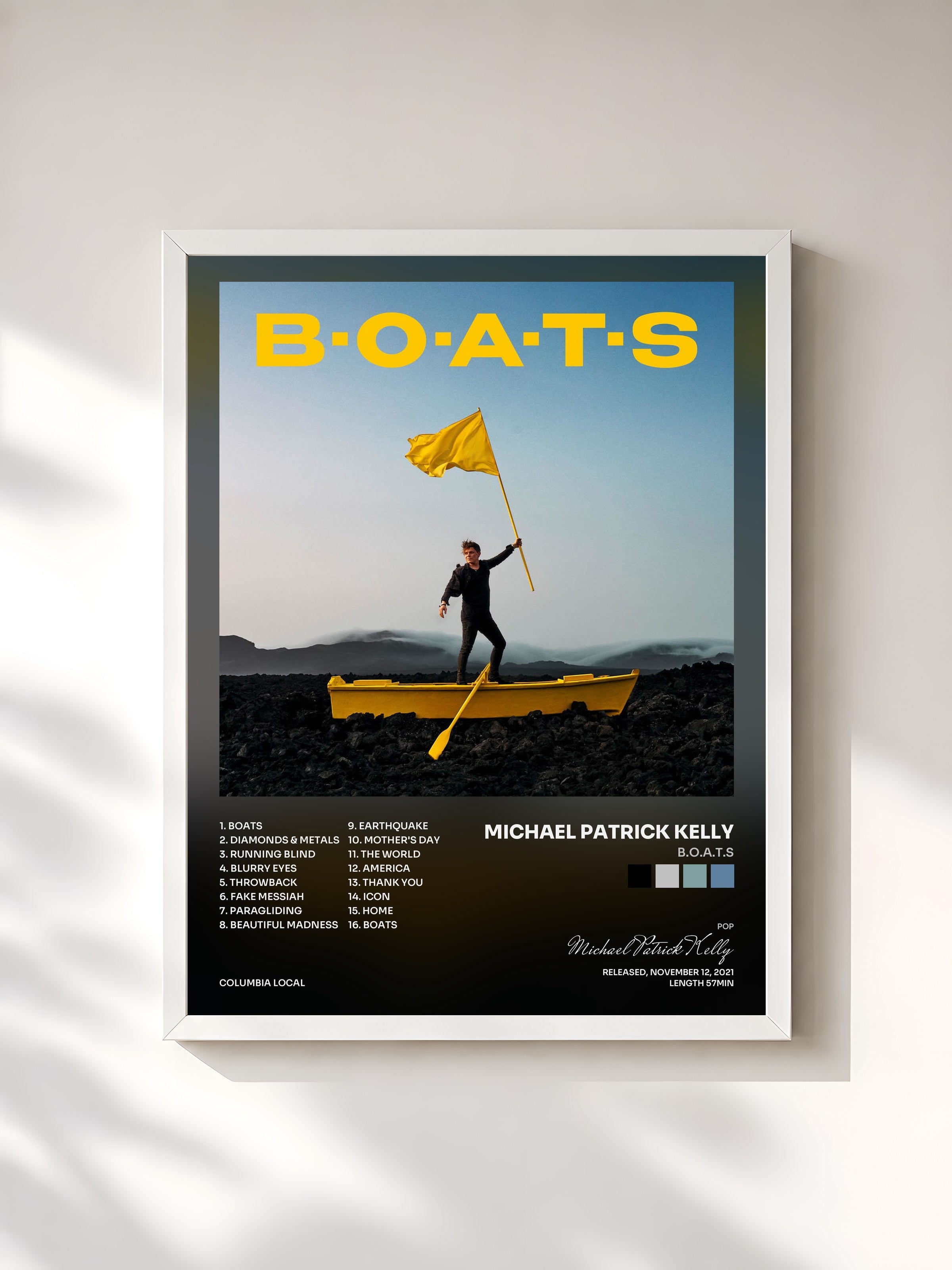 #blanc Tableau de l'album B.O.A.T.S de Michael Patrick Kelly, cadre blanc, imprimé et encadré en France