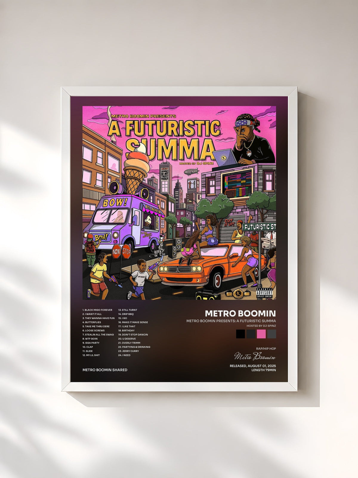 #blanc Tableau de l'album Metro Boomin Presents: A Futuristic Summa (Hosted by DJ Spinz) de Metro Boomin, cadre blanc, imprimé et encadré en France