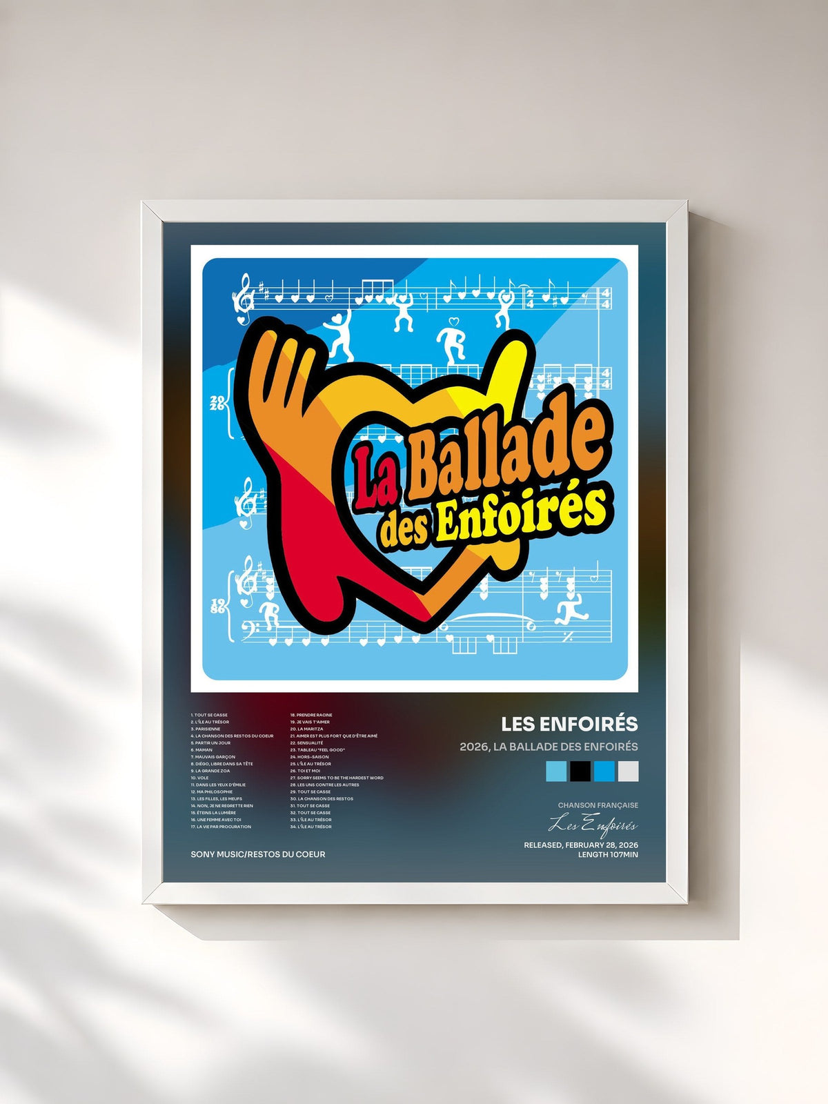 #blanc Tableau de l'album 2026, La ballade des Enfoirés de Les Enfoirés, cadre blanc, imprimé et encadré en France
