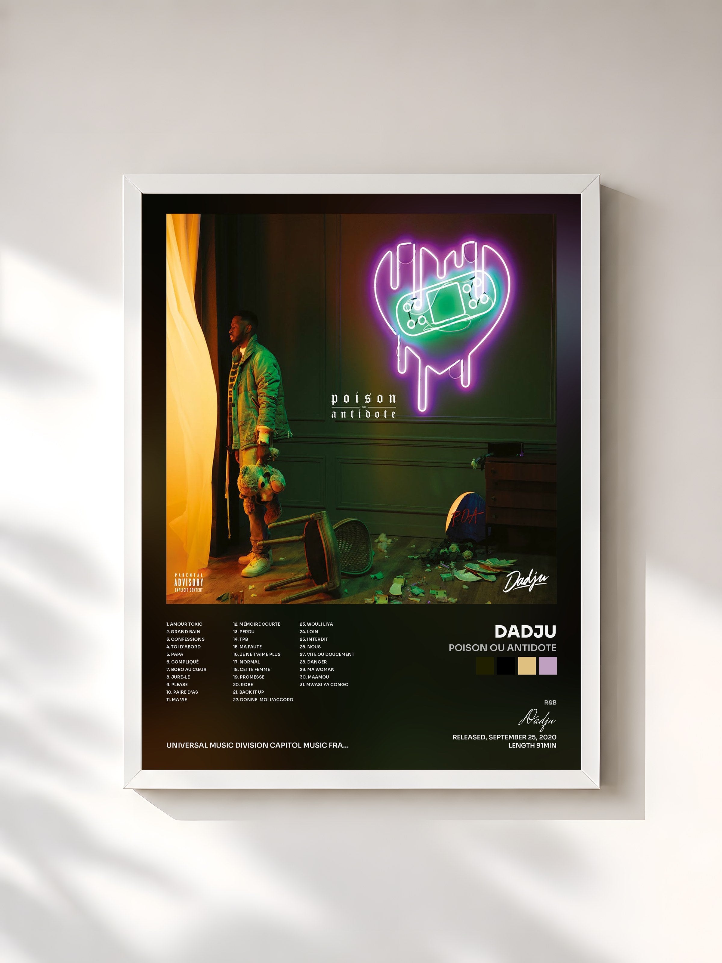 #blanc Poison Ou Antidote by Dadju as a framed art print, white frame, printed and framed in France