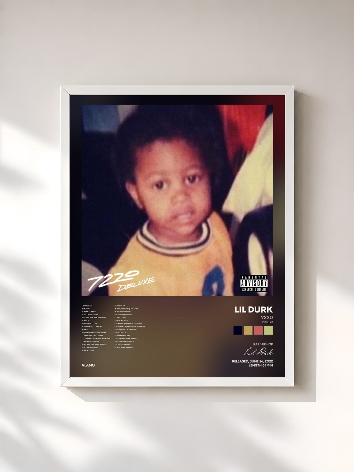 #blanc Tableau de l'album 7220 (Deluxe) de Lil Durk, cadre blanc, imprimé et encadré en France