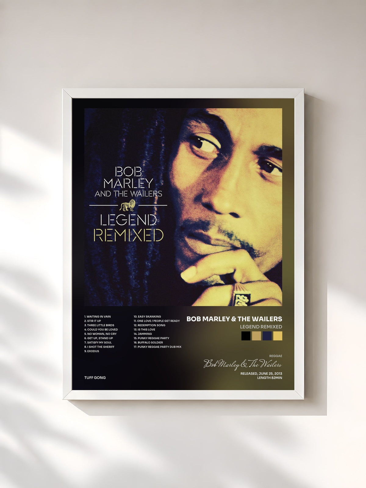 #blanc Tableau de l'album Legend Remixed de Bob Marley & The Wailers, cadre blanc, imprimé et encadré en France