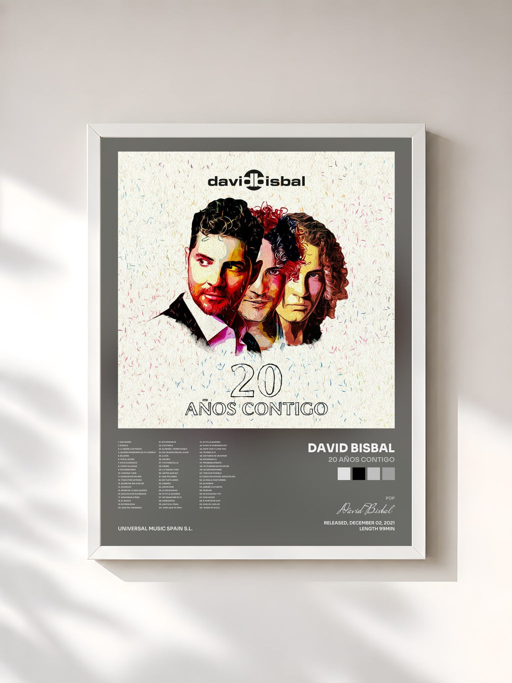 #blanc Tableau de l'album 20 Años Contigo de David Bisbal, cadre blanc, imprimé et encadré en France