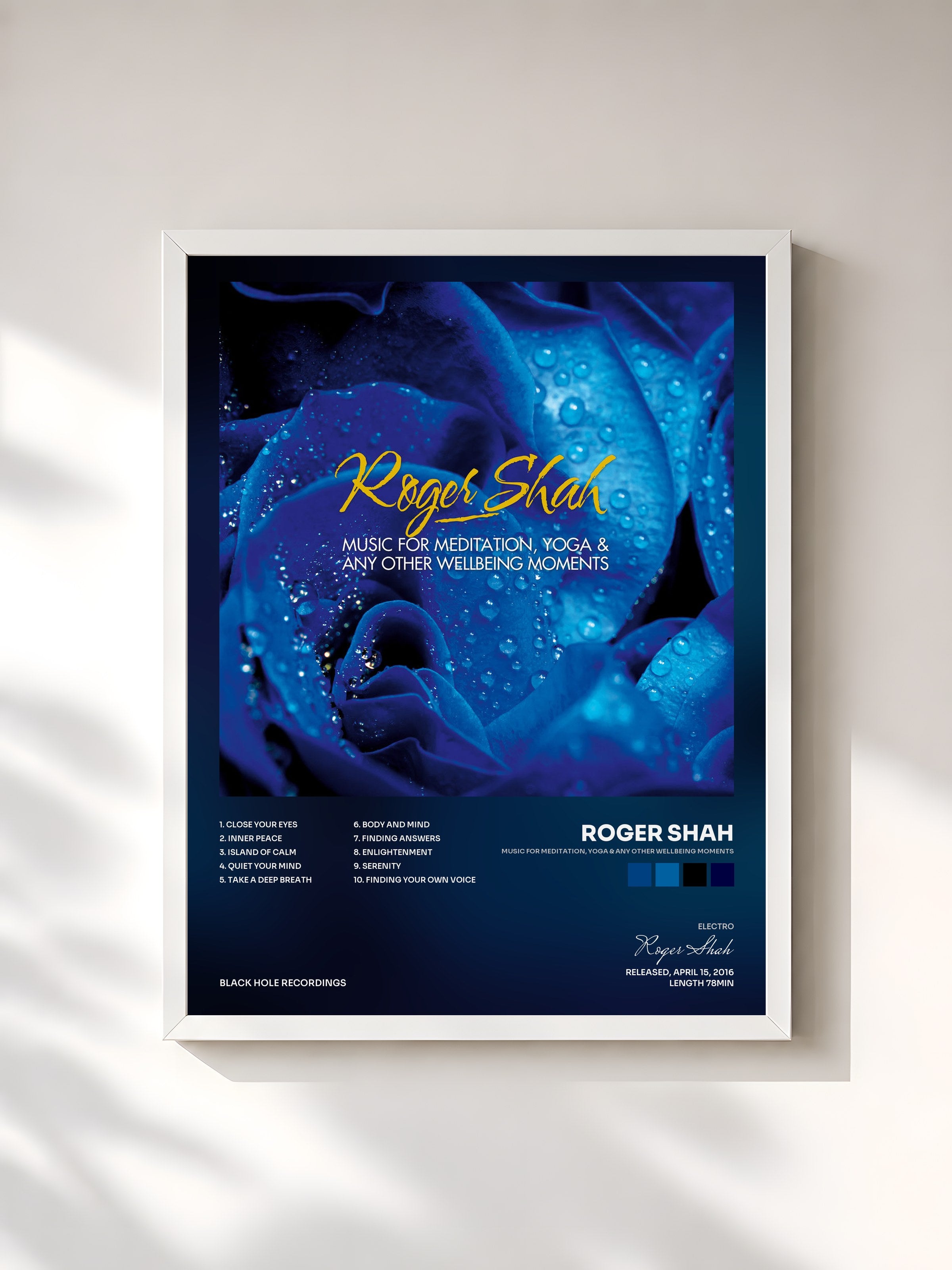 #blanc Tableau de l'album Music for Meditation, Yoga & Any Other Wellbeing Moments de Roger Shah, cadre blanc, imprimé et encadré en France