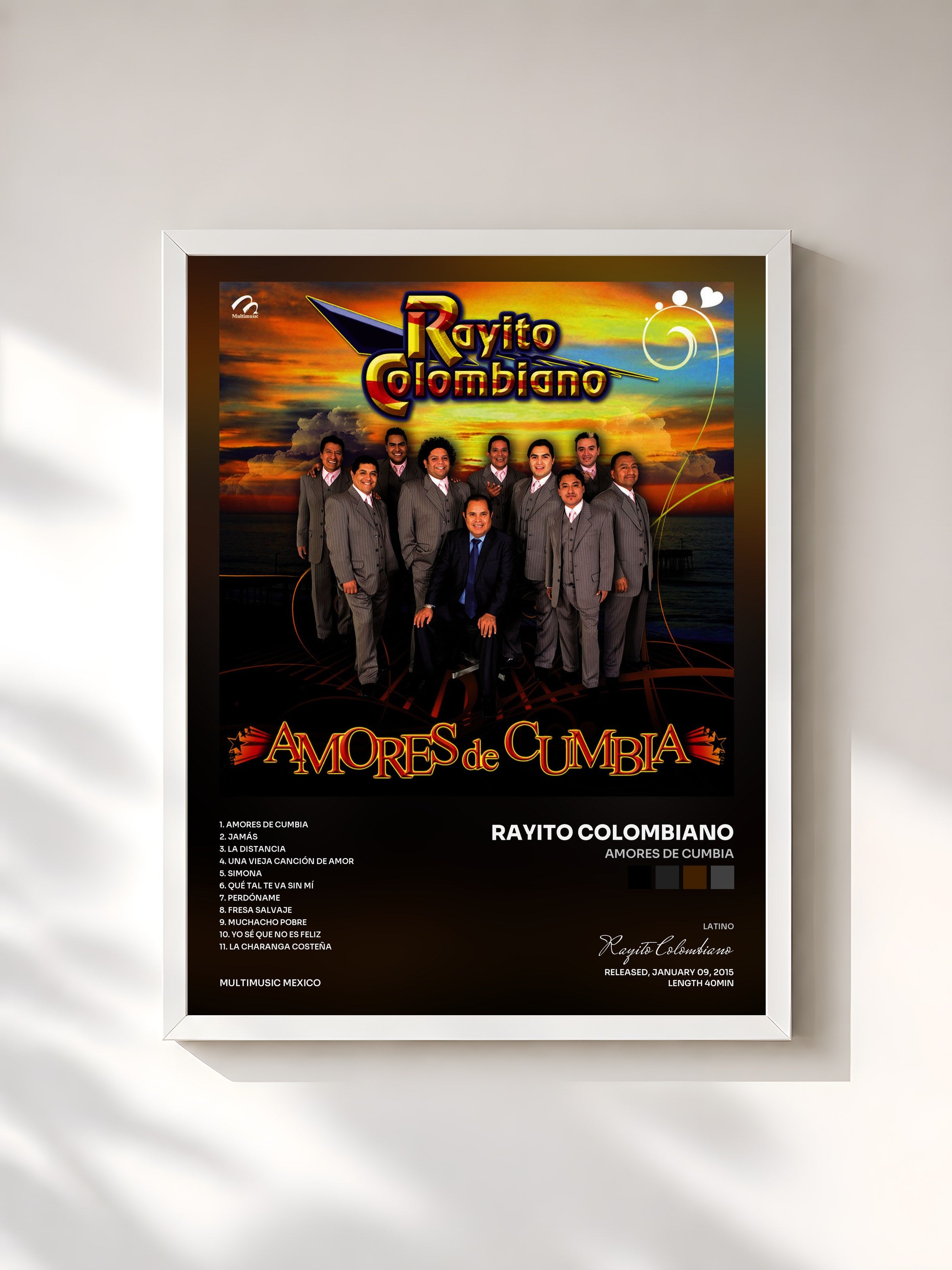 #blanc Tableau de l'album Amores de Cumbia de Rayito Colombiano, cadre blanc, imprimé et encadré en France