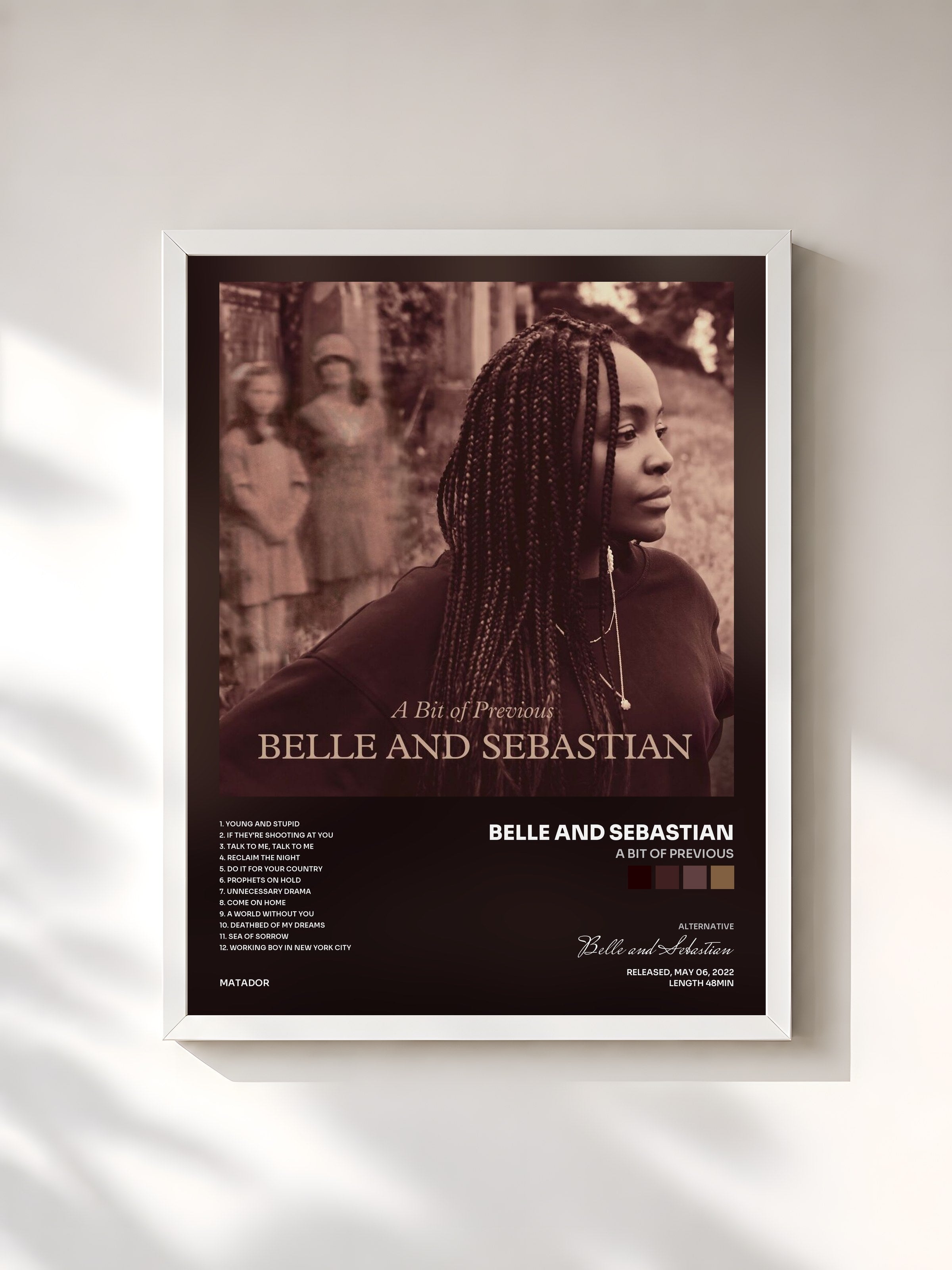 #blanc Tableau de l'album A Bit of Previous de Belle and Sebastian, cadre blanc, imprimé et encadré en France