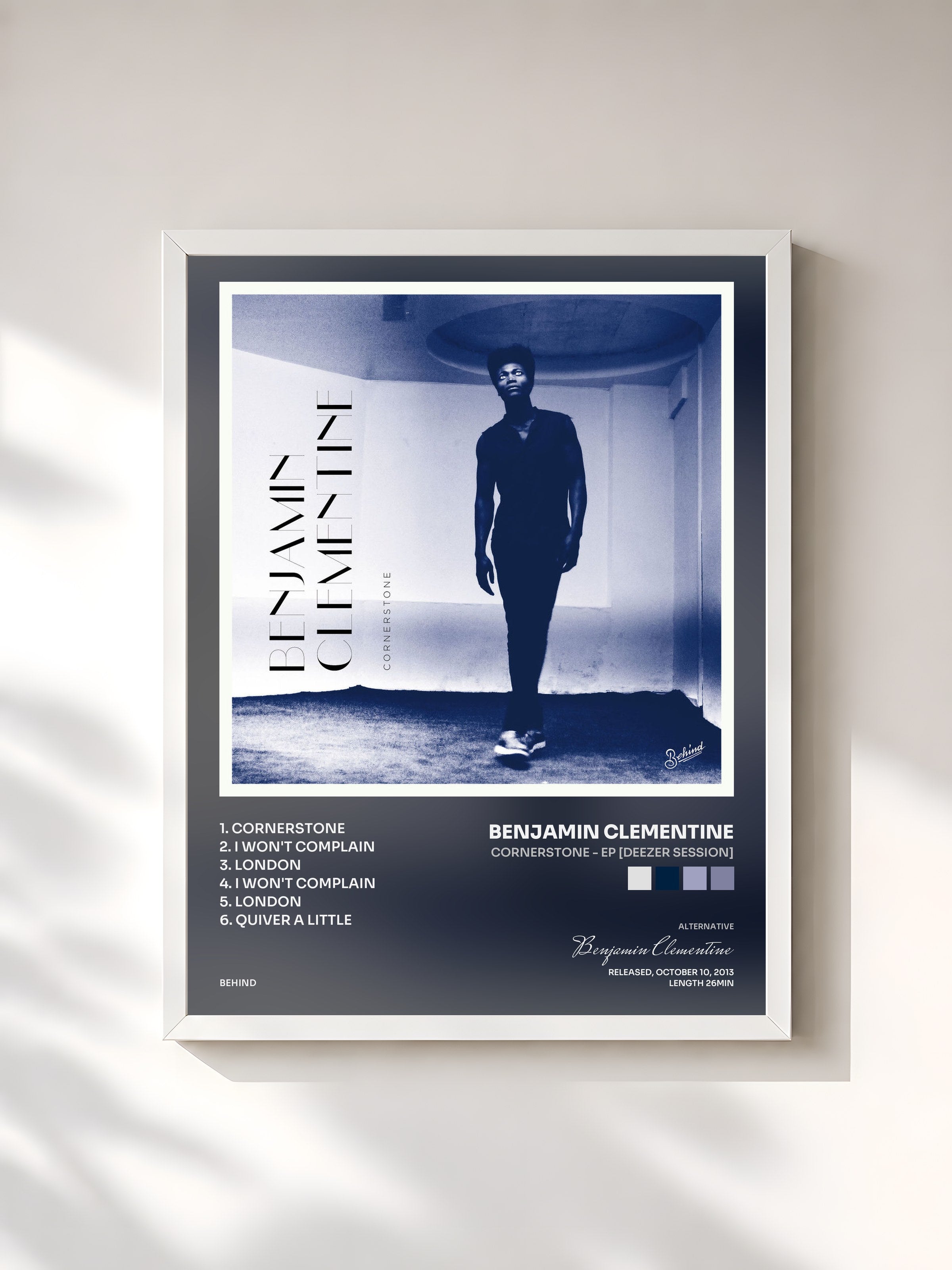 #blanc Tableau de l'album Cornerstone - EP [Deezer Session] de Benjamin Clementine, cadre blanc, imprimé et encadré en France