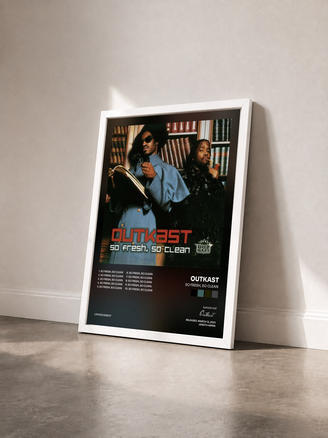 #blanc Tableau de l'album So Fresh, So Clean de Outkast vu de trois quarts, cadre blanc