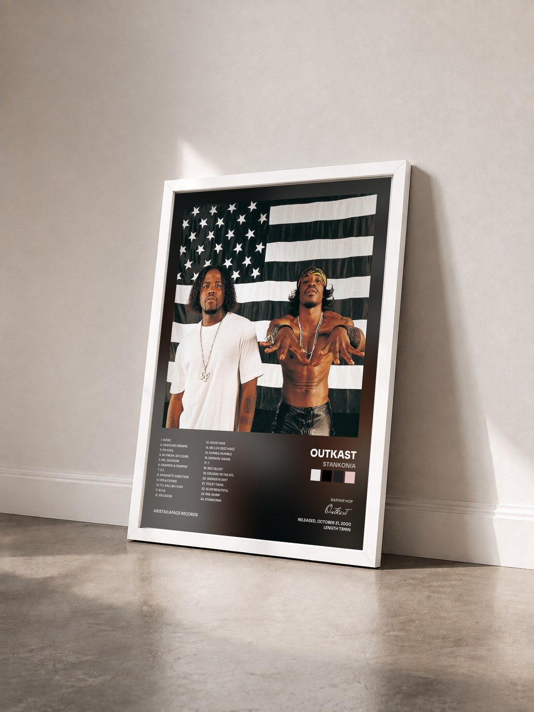 #blanc Tableau de l'album Stankonia de Outkast vu de trois quarts, cadre blanc
