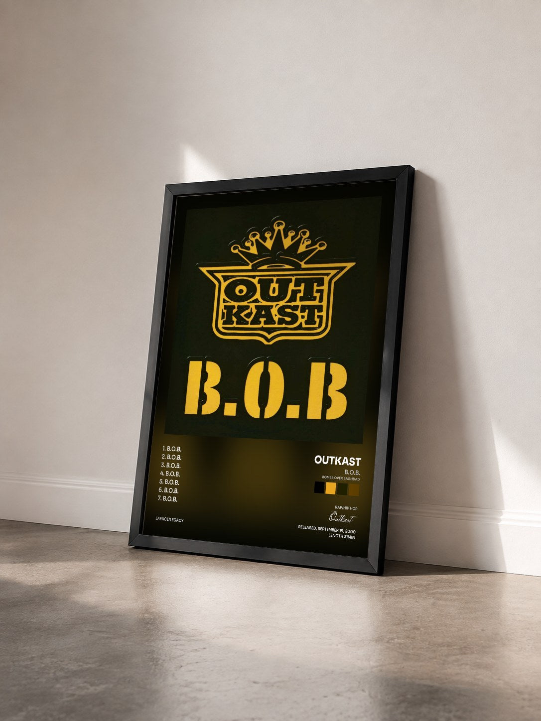 #noir Tableau de l'album B.O.B. (Bombs Over Baghdad) de Outkast vu de trois quarts, cadre noir