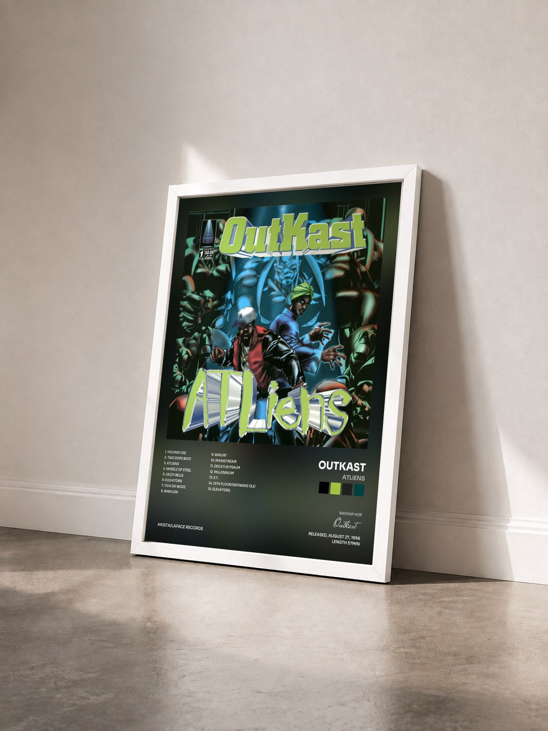 #blanc Tableau de l'album ATLiens de Outkast vu de trois quarts, cadre blanc