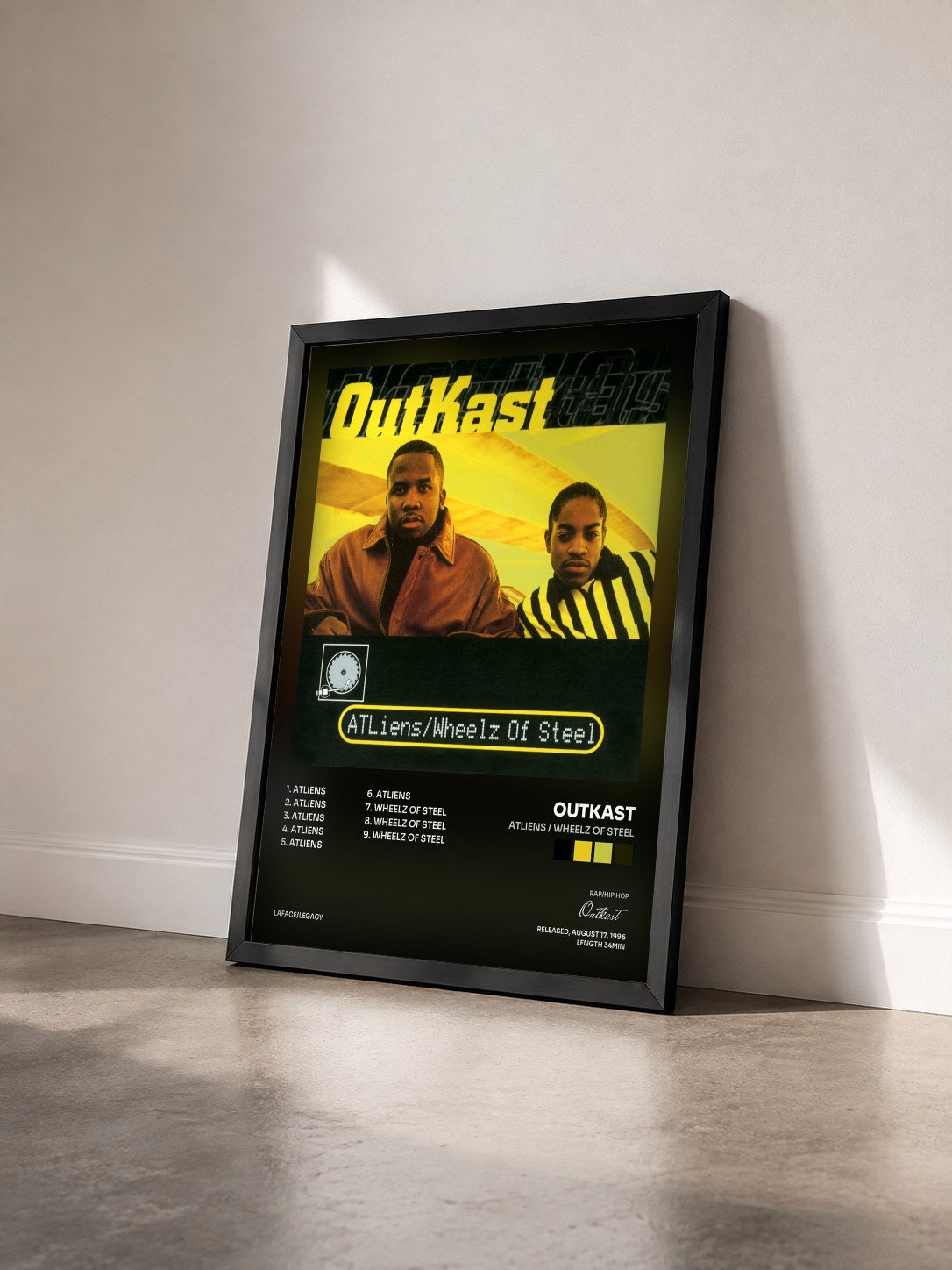 #noir Tableau de l'album ATLiens / Wheelz of Steel de Outkast vu de trois quarts, cadre noir