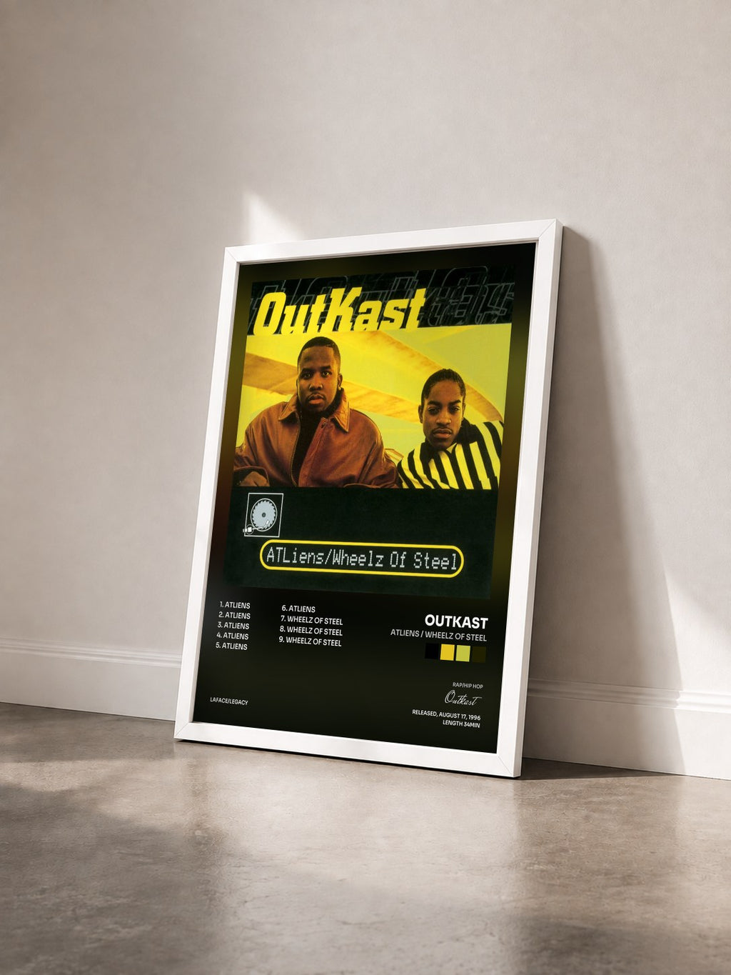 #blanc ATLiens / Wheelz of Steel di Outkast in stampa incorniciata vista di tre quarti, cornice bianca