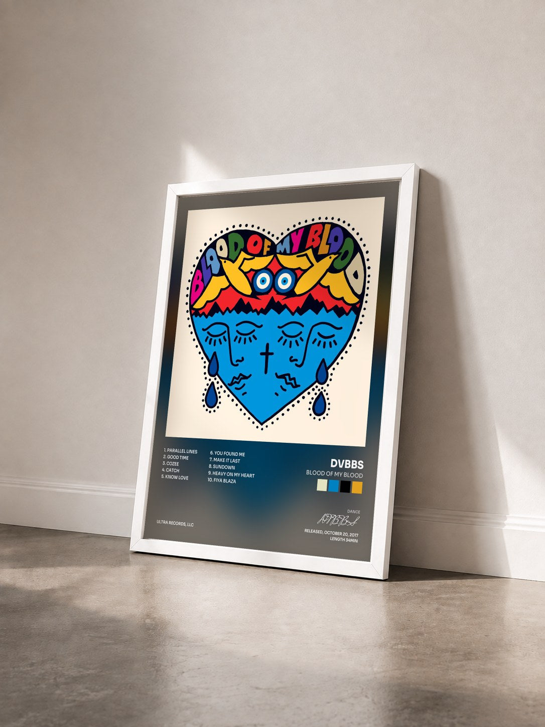 #blanc Tableau de l'album Blood Of My Blood de DVBBS vu de trois quarts, cadre blanc