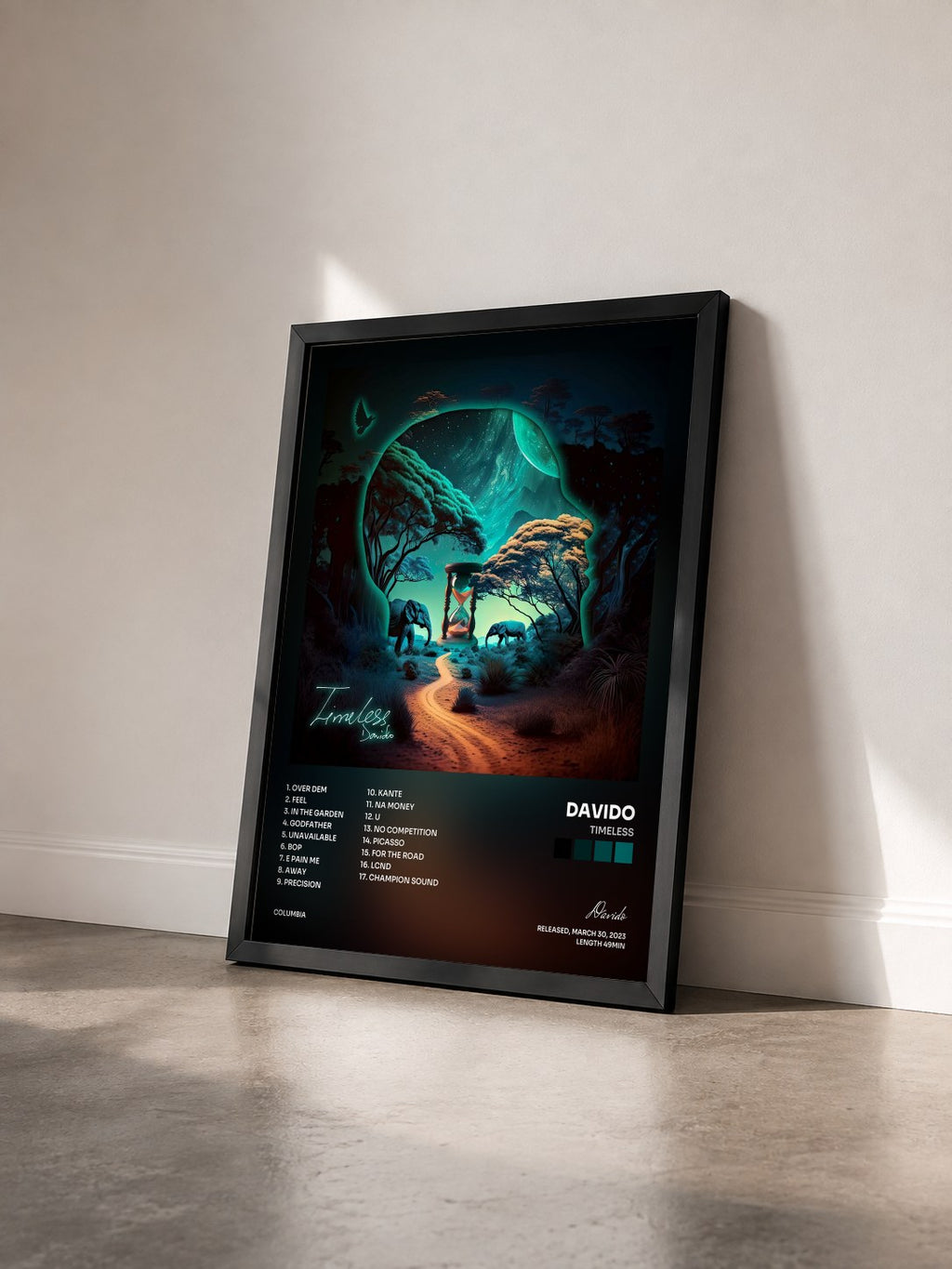 #noir Tableau de l'album Timeless de Davido vu de trois quarts, cadre noir