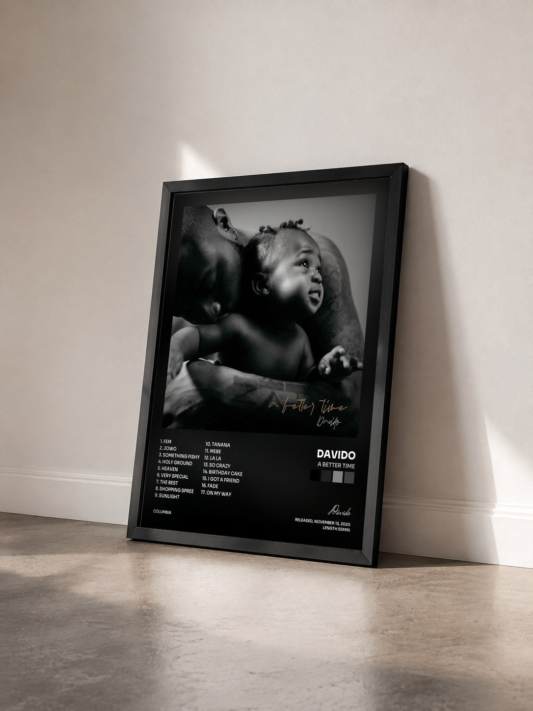 #noir Tableau de l'album A Better Time de Davido vu de trois quarts, cadre noir