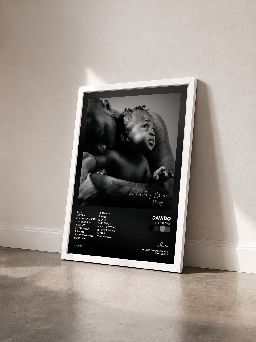 #blanc Tableau de l'album A Better Time de Davido vu de trois quarts, cadre blanc