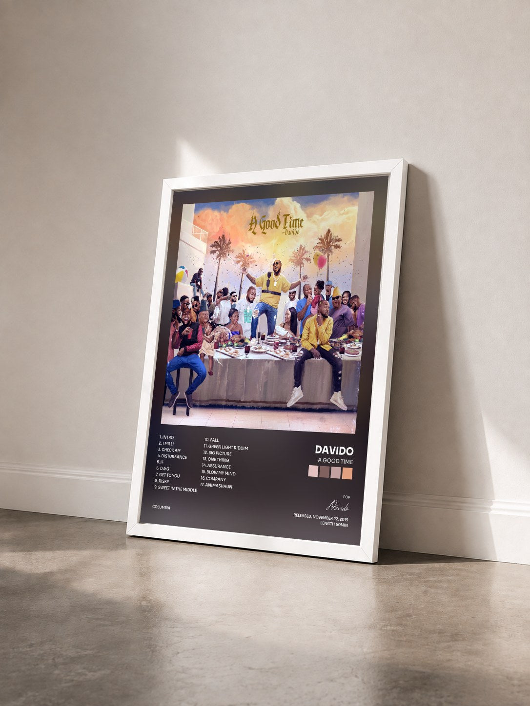 #blanc Tableau de l'album A Good Time de Davido vu de trois quarts, cadre blanc
