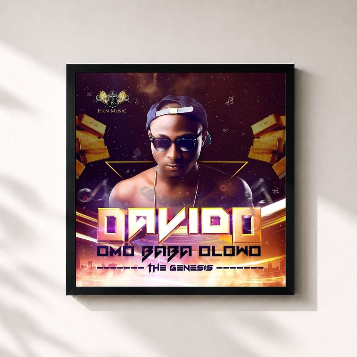 #noir Tableau carré de l'album Omo Baba Olowo: The Genesis de Davido, cadre noir 32x32 cm