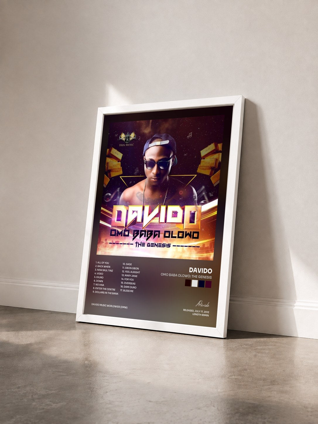 #blanc Tableau de l'album Omo Baba Olowo: The Genesis de Davido vu de trois quarts, cadre blanc