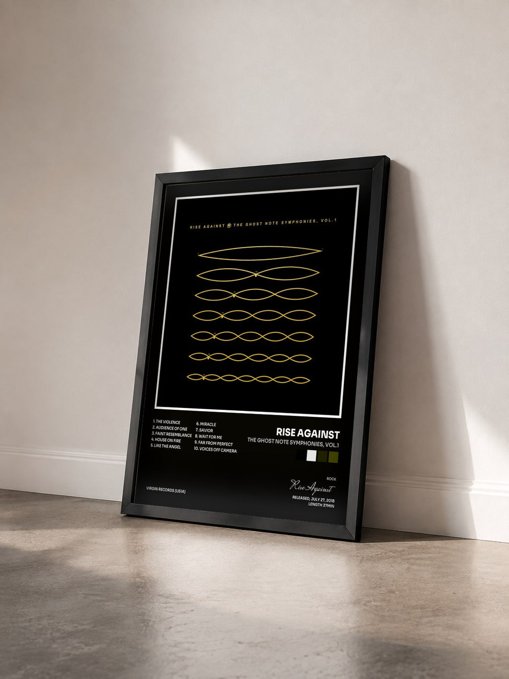 #noir The Ghost Note Symphonies, Vol.1 by Rise Against as a framed art print seen at an angle, black frame