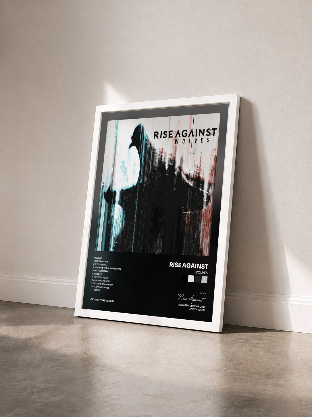 #blanc Tableau de l'album Wolves de Rise Against vu de trois quarts, cadre blanc