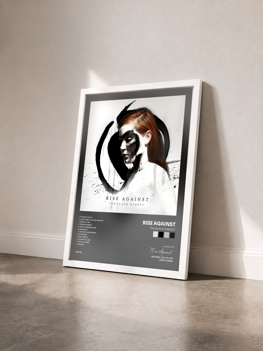 #blanc Tableau de l'album The Black Market de Rise Against vu de trois quarts, cadre blanc
