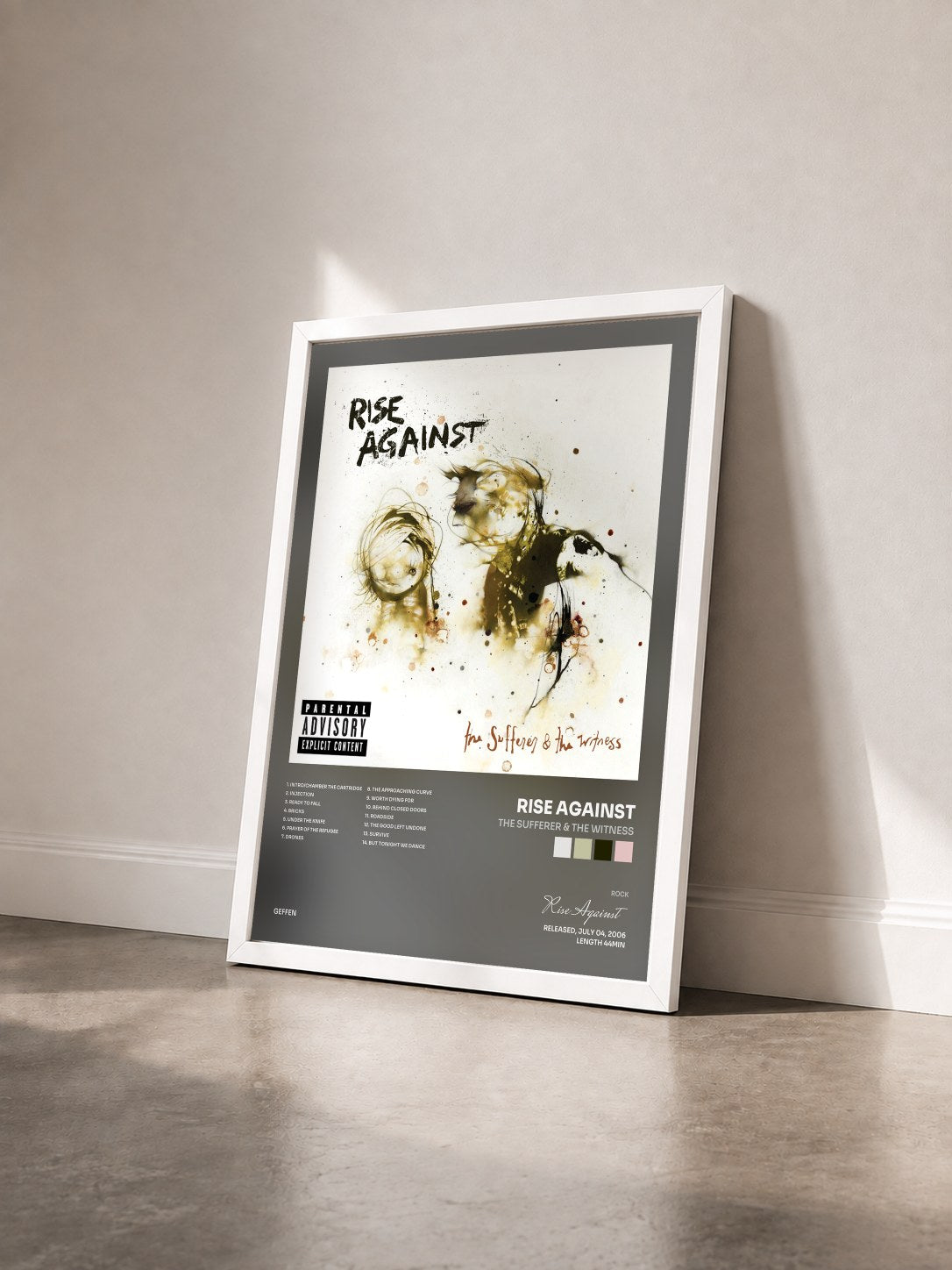 #blanc Tableau de l'album The Sufferer & The Witness de Rise Against vu de trois quarts, cadre blanc