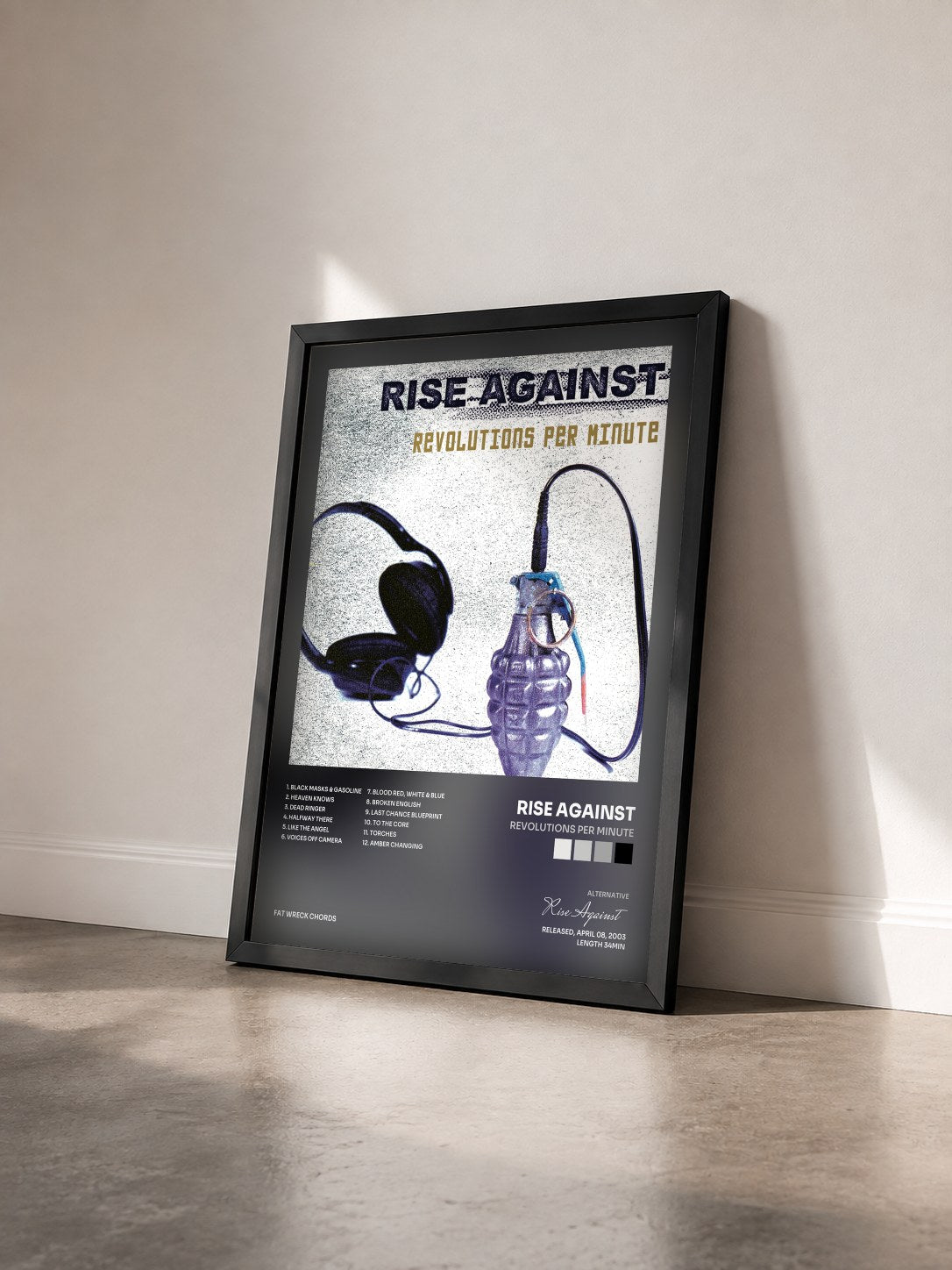 #noir Tableau de l'album Revolutions Per Minute de Rise Against vu de trois quarts, cadre noir