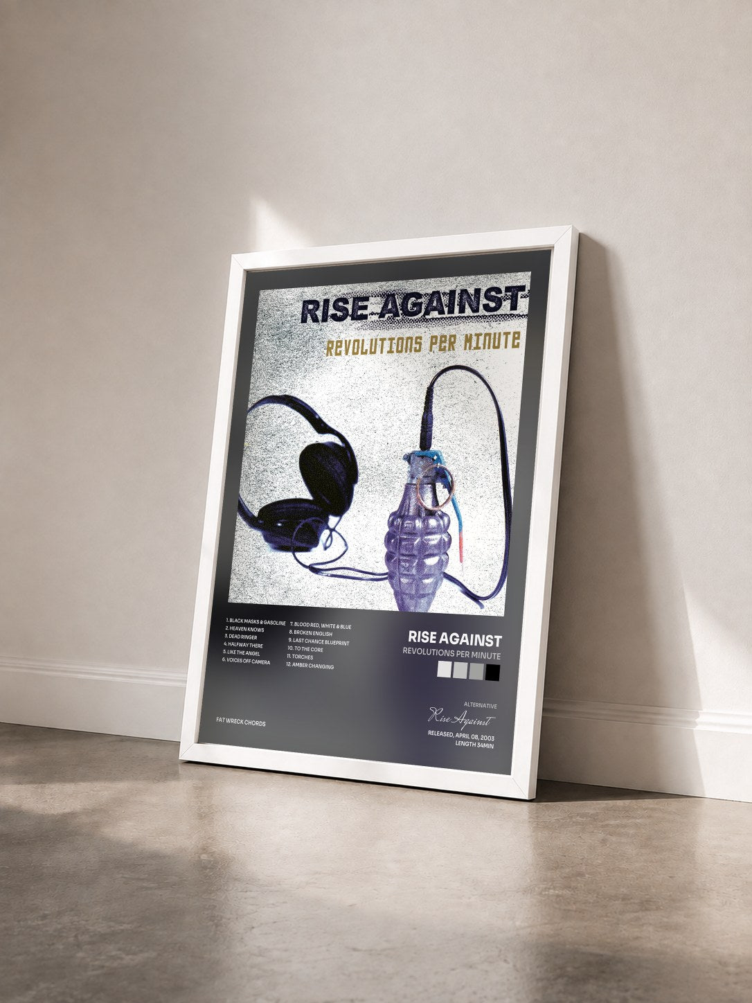 #blanc Tableau de l'album Revolutions Per Minute de Rise Against vu de trois quarts, cadre blanc