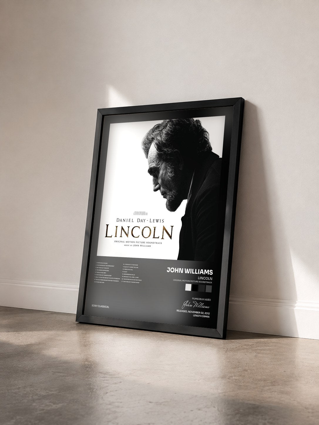 #noir Tableau de l'album Lincoln (Original Motion Picture Soundtrack) de John Williams vu de trois quarts, cadre noir