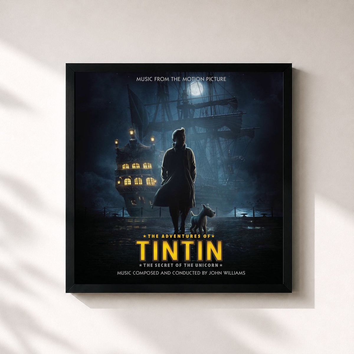 #noir Tableau carré de l'album The Adventures of Tintin (Music from the Motion Picture) de John Williams, cadre noir 32x32 cm