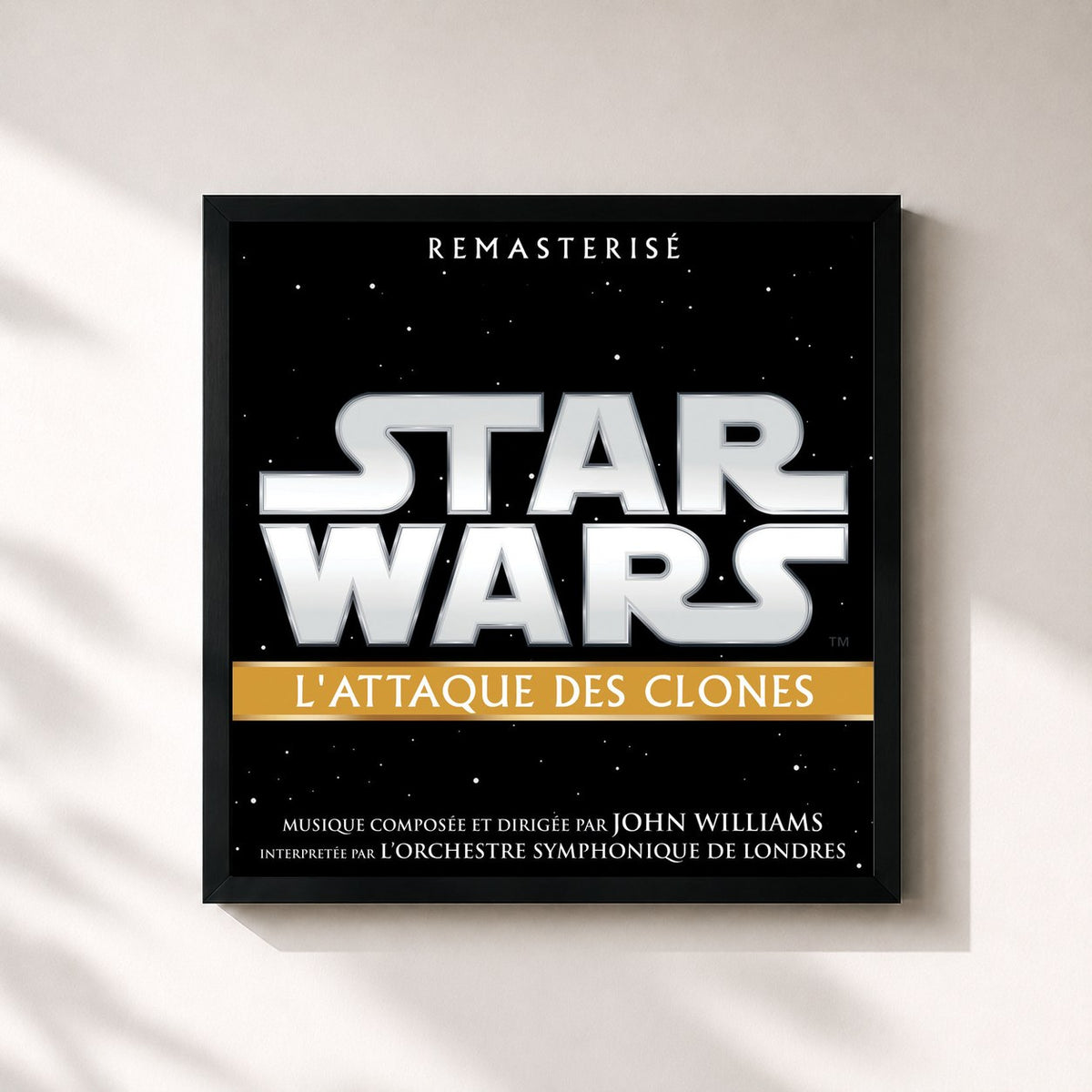 #noir Tableau carré de l'album Star Wars: L'Attaque des Clones (Bande Originale du Film) de John Williams, cadre noir 32x32 cm