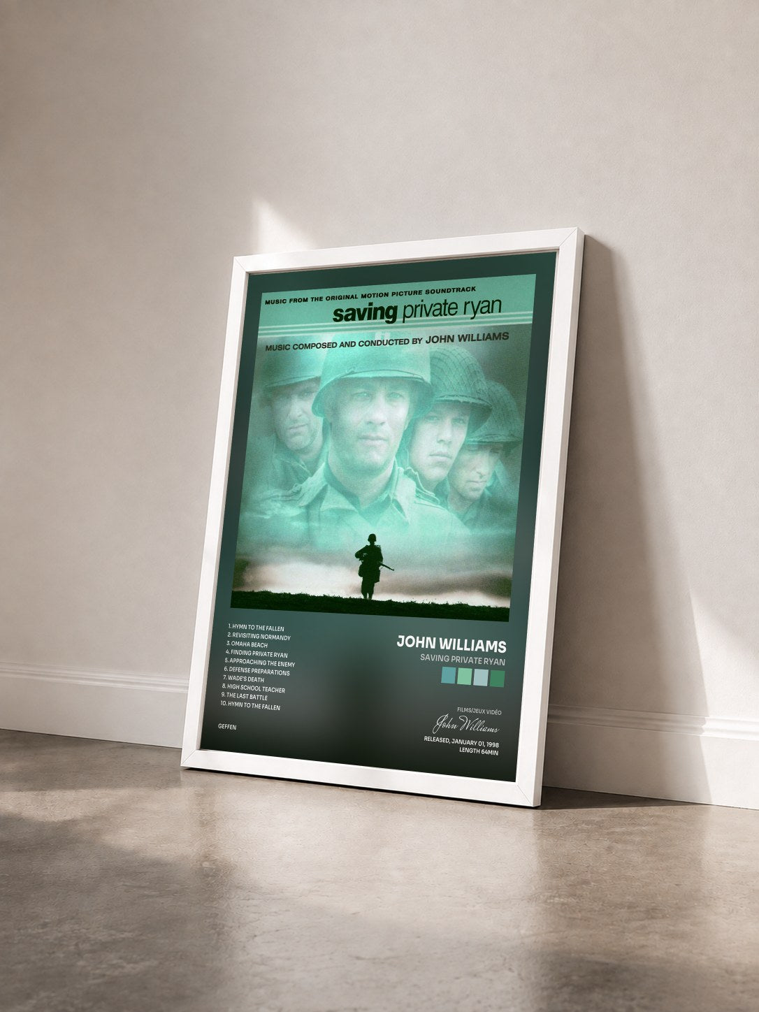 #blanc Tableau de l'album Saving Private Ryan de John Williams vu de trois quarts, cadre blanc
