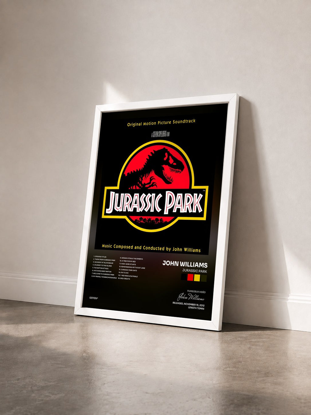 #blanc Tableau de l'album Jurassic Park de John Williams vu de trois quarts, cadre blanc