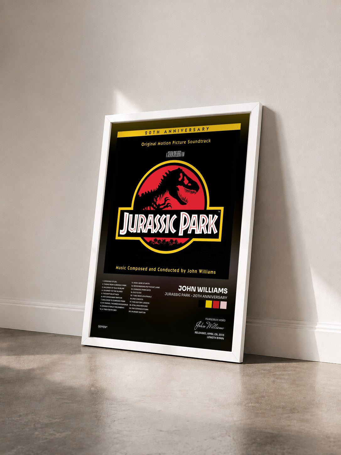 #blanc Tableau de l'album Jurassic Park - 20th Anniversary de John Williams vu de trois quarts, cadre blanc