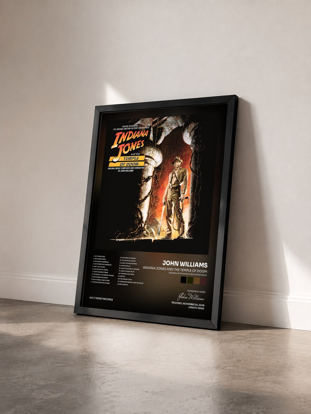 #noir Indiana Jones and the Temple of Doom (Original Motion Picture Soundtrack) by John Williams as a framed art print seen at an angle, black frame