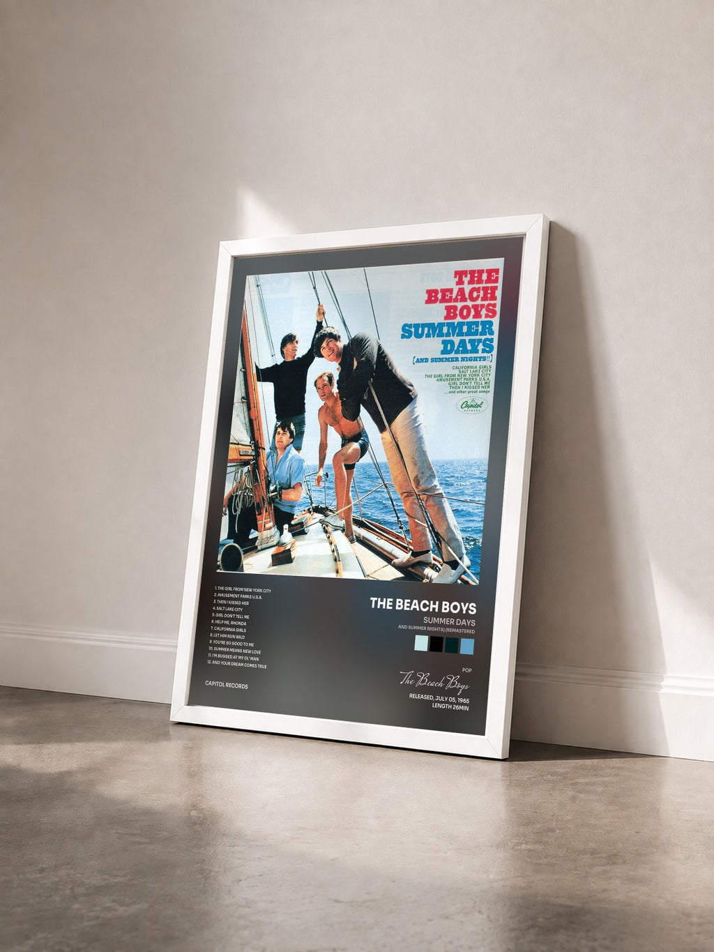 #blanc Summer Days (And Summer Nights) (Remastered) by The Beach Boys as a framed art print seen at an angle, white frame