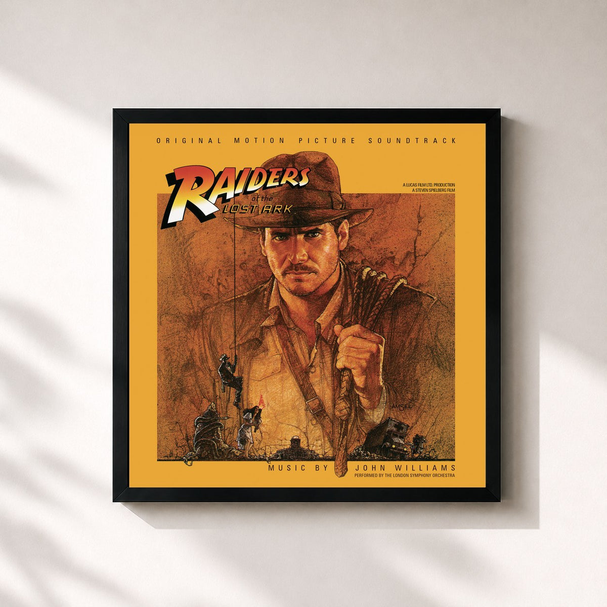 #noir Tableau carré de l'album Raiders of the Lost Ark (Original Motion Picture Soundtrack) de John Williams, cadre noir 32x32 cm