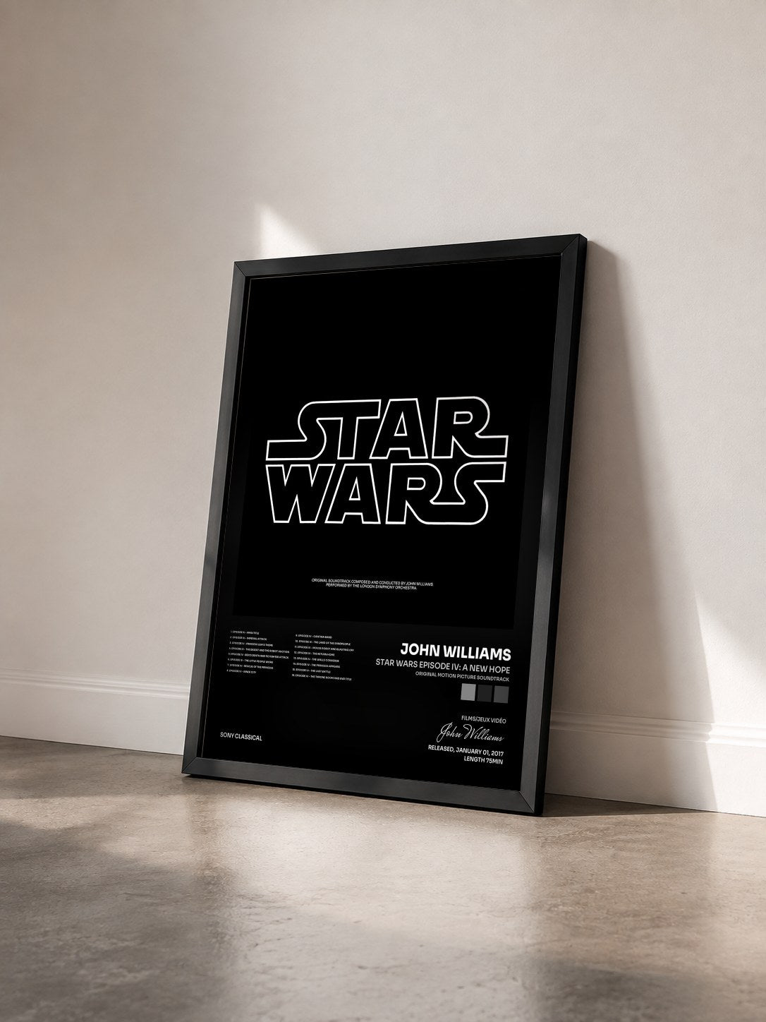 #noir Tableau de l'album Star Wars Episode IV: A New Hope (Original Motion Picture Soundtrack) de John Williams vu de trois quarts, cadre noir